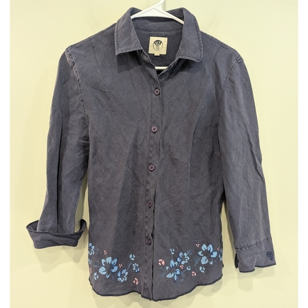 Fat Face Blue Cotton Button Down Shirt Floral Design Size 8
